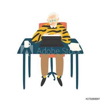 Cute elderly writer, critic or novelist siting at desk, smoking pipe and working on typewriter