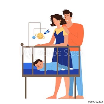 Cute family stand by newborn baby bed