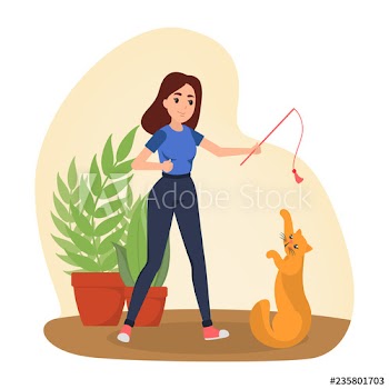 Cute female character play with pet cat