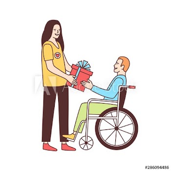 Cute female volunteer giving gift to disabled person in wheelchair isolated on white background