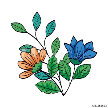 cute flowers blue and yellow color with branches and leafs design