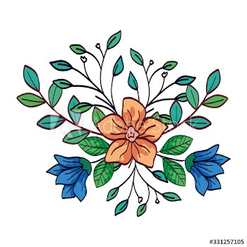 cute flowers blue and yellow color with branches and leafs design
