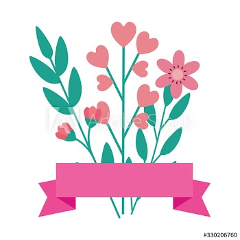 cute flowers pink with leafs and ribbon decoration design