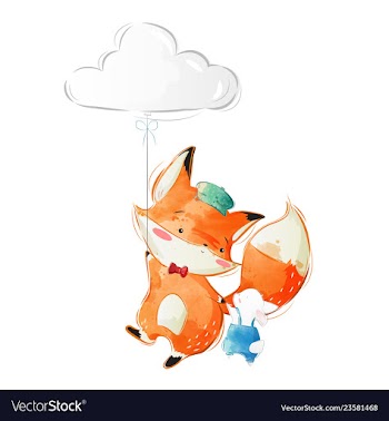 Cute fox and bunny flying with a cloud balloon vector image