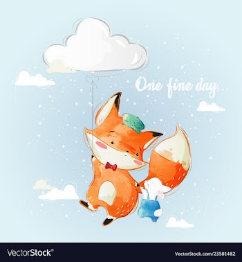 Cute fox and bunny flying with a cloud balloon vector image