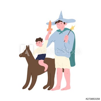 Cute funny dad and son wearing costumes of fairytale characters and playing