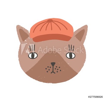 Cute funny face or head of cat wearing cap or hat