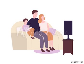 Cute funny family sitting on couch or sofa and watching TV, movie or film