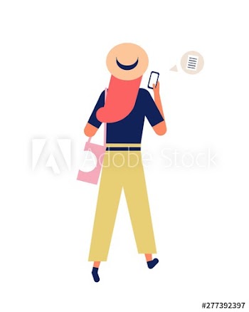 Cute funny girl in hat sending messages via smartphone while walking