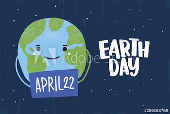 Cute funny happy planet holding sign with April 22 date