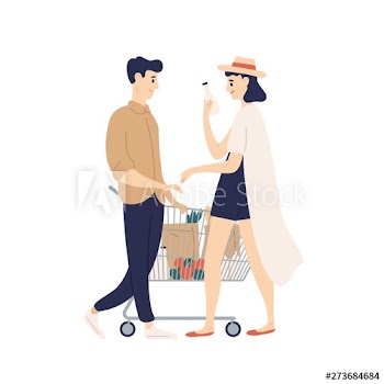 Cute funny young couple with shopping cart buying food at grocery store