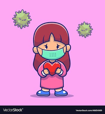 cute girl holding heart and wearing medical mask