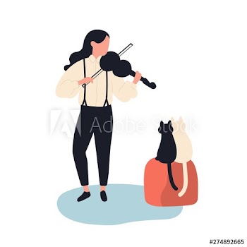 Cute girl playing violin for her cats
