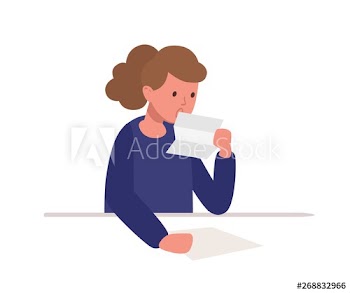 Cute girl sitting at desk and reading letter isolated on white background