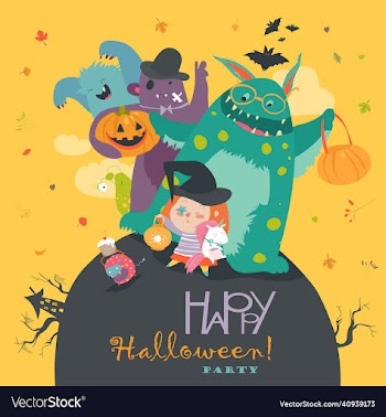 cute girl with funny monsters halloween party
