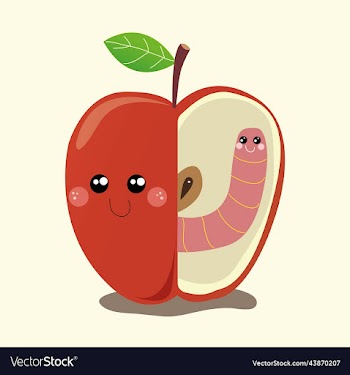 cute green worm happy in love with sweet red apple