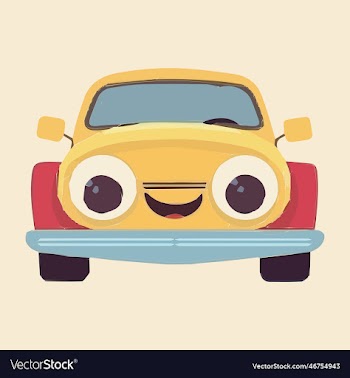 cute hand drawn smiling car character for card