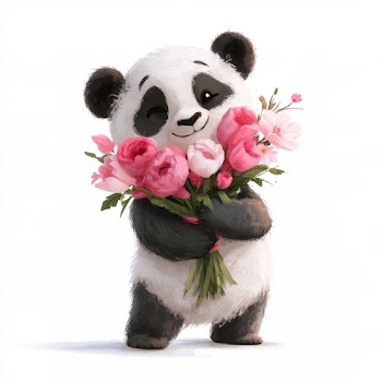 Cute Happy Panda with Flower Bouquet