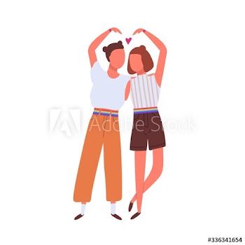 Cute homosexual couple hugging and showing a heart with hands