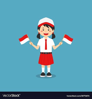 cute indonesian elementary school holding flag