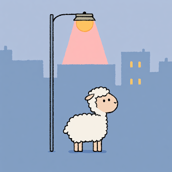 Cute Lamb Under Streetlamp at Night
