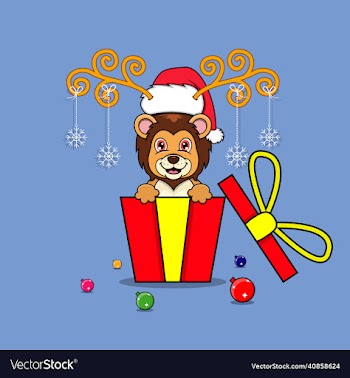 cute lion on gift with santa claus hat