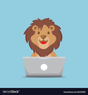 cute lion working with laptop