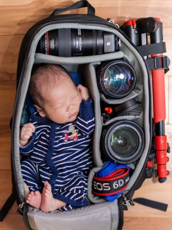 Cute little assistant sleeping in camera bag