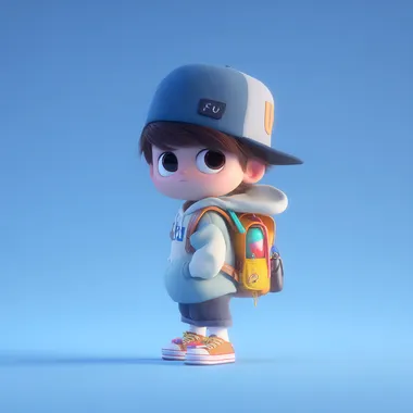 Cute Little Boy in Blue Hat and Backpack Cute Little Boy in Blue Hat and Backpack