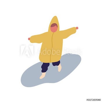 Cute little cartoon child in raincoat running on puddle vector flat illustration