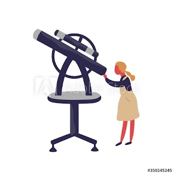 Cute little girl looking into telescope vector flat illustration