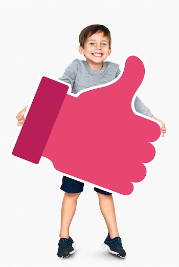 Cute little kid holding a pink thumbs up icon | Free stock psd mockup - 491912
