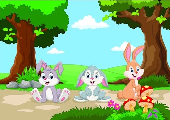 Cute little rabbits cartoon with a background of a beautiful garden 
