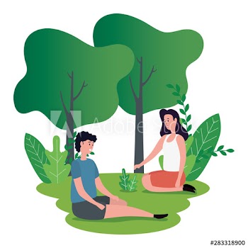 cute lovers couple seated on the park characters