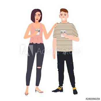 Cute man and woman dressed in casual clothes standing together and drinking coffee