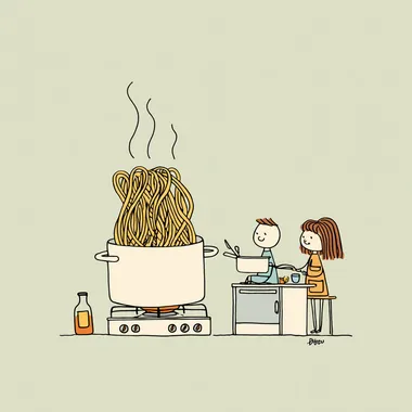 Cute Minimalist Illustration of Cooking Pasta Together Cute Minimalist Illustration of Cooking Pasta Together