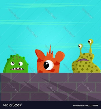 Cute monster behind a brick wall vector image