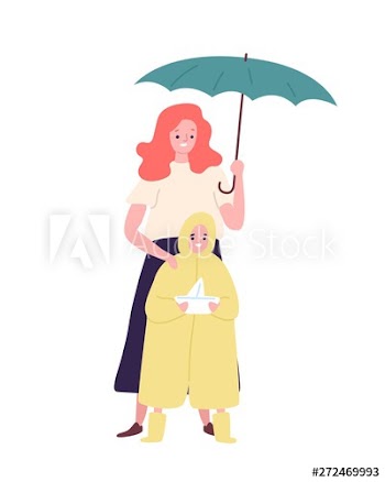 Cute mother and daughter dressed in raincoat standing under umbrella