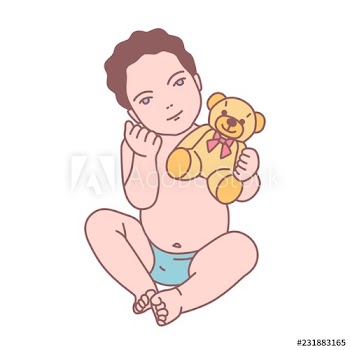 Cute newborn baby boy or funny small toddler sitting and holding teddy bear