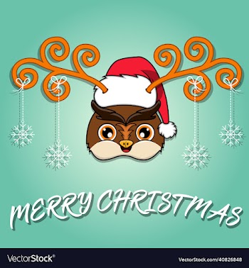 cute owl head cartoon christmas card wearing hat