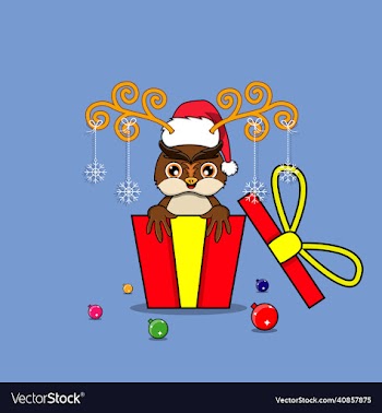 cute owl on gift with santa claus hat