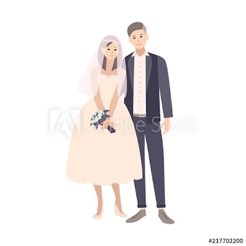 Cute pair of young fashionable bride and groom dressed in fancy clothing