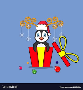cute penguin on gift with santa claus hat