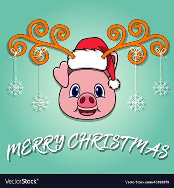 cute pig head cartoon christmas card wearing hat
