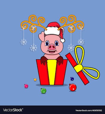 cute pig on gift with santa claus hat