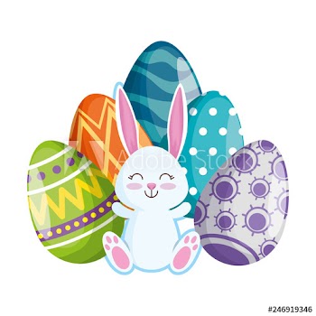 cute rabbit with easter eggs painted
