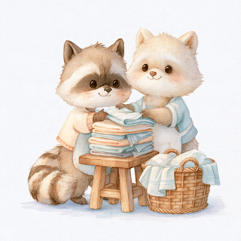 Cute Raccoon Folding Laundry