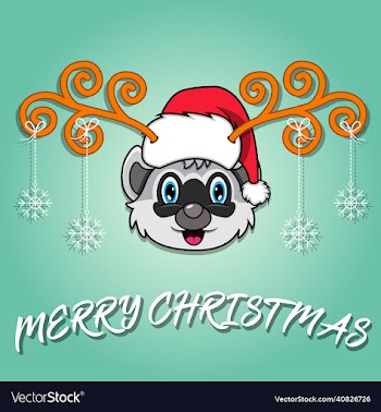 cute raccoon head cartoon christmas card wearing