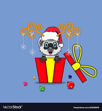 cute raccoon on gift with santa claus hat