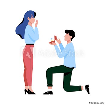 Cute romantic vector illustration of a man proposing to woman down on one knee